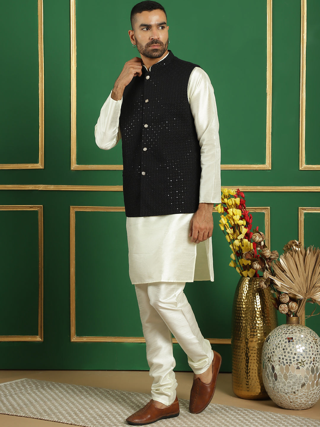 Embroidered and Sequin Nehru Jacket With Solid Kurta Pyjama ( ANMKPWC 636W 7012Black )