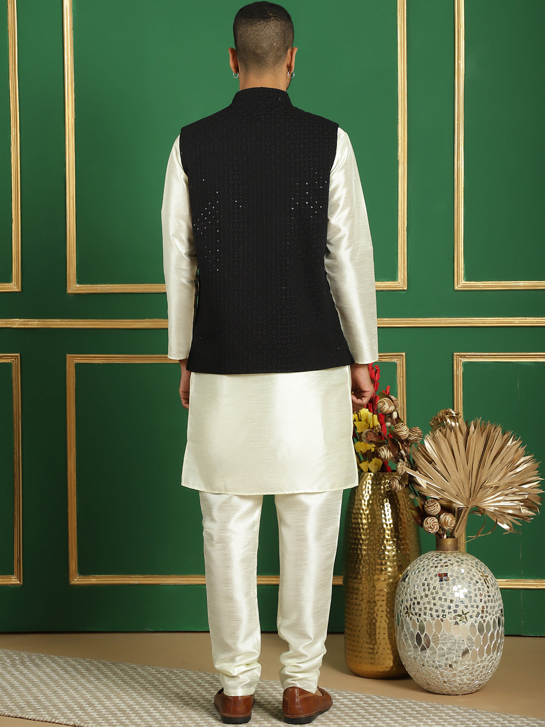 Embroidered and Sequin Nehru Jacket With Solid Kurta Pyjama ( ANMKPWC 636W 7012Black )