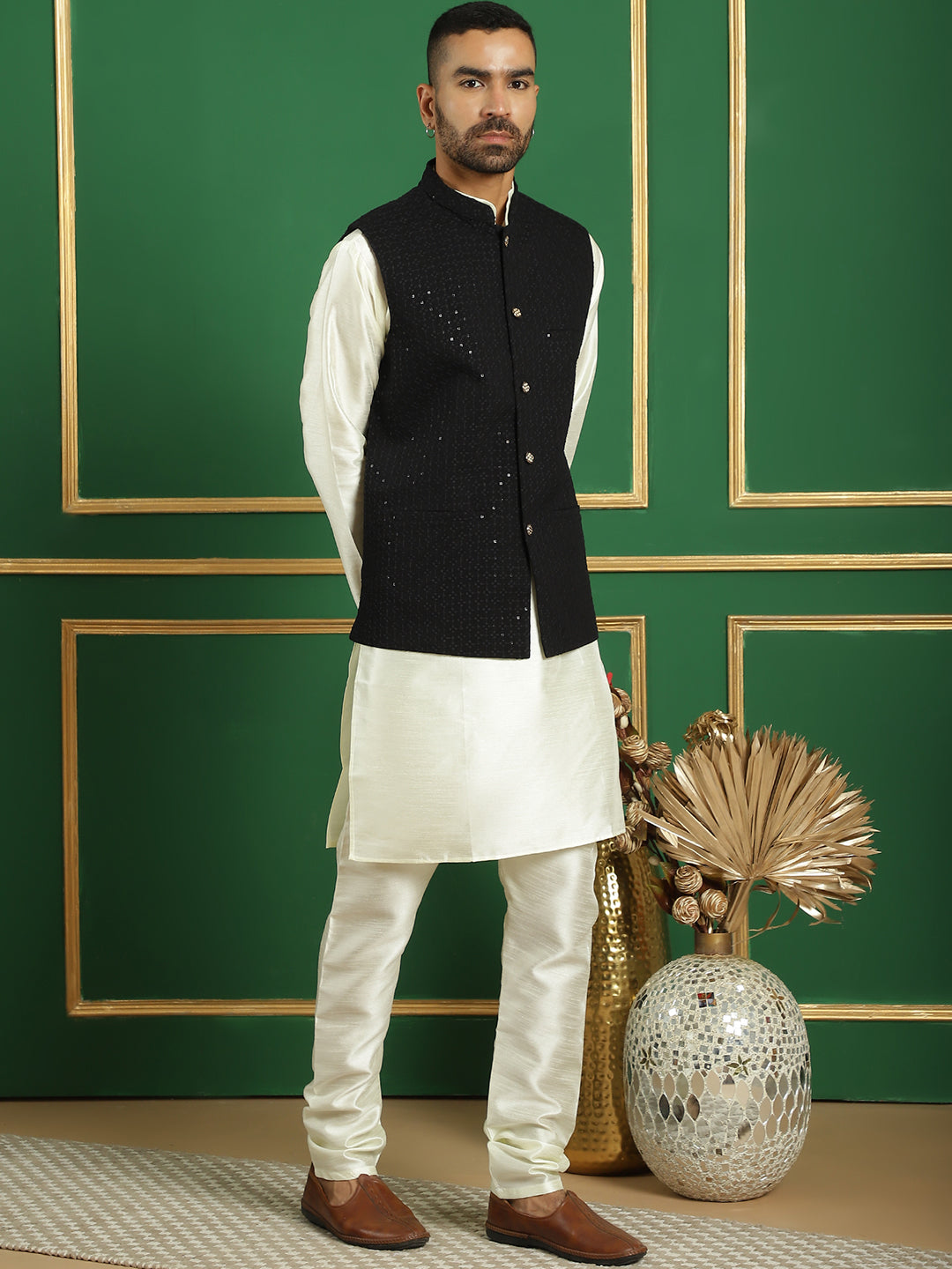 Embroidered and Sequin Nehru Jacket With Solid Kurta Pyjama ( ANMKPWC 636W 7012Black )