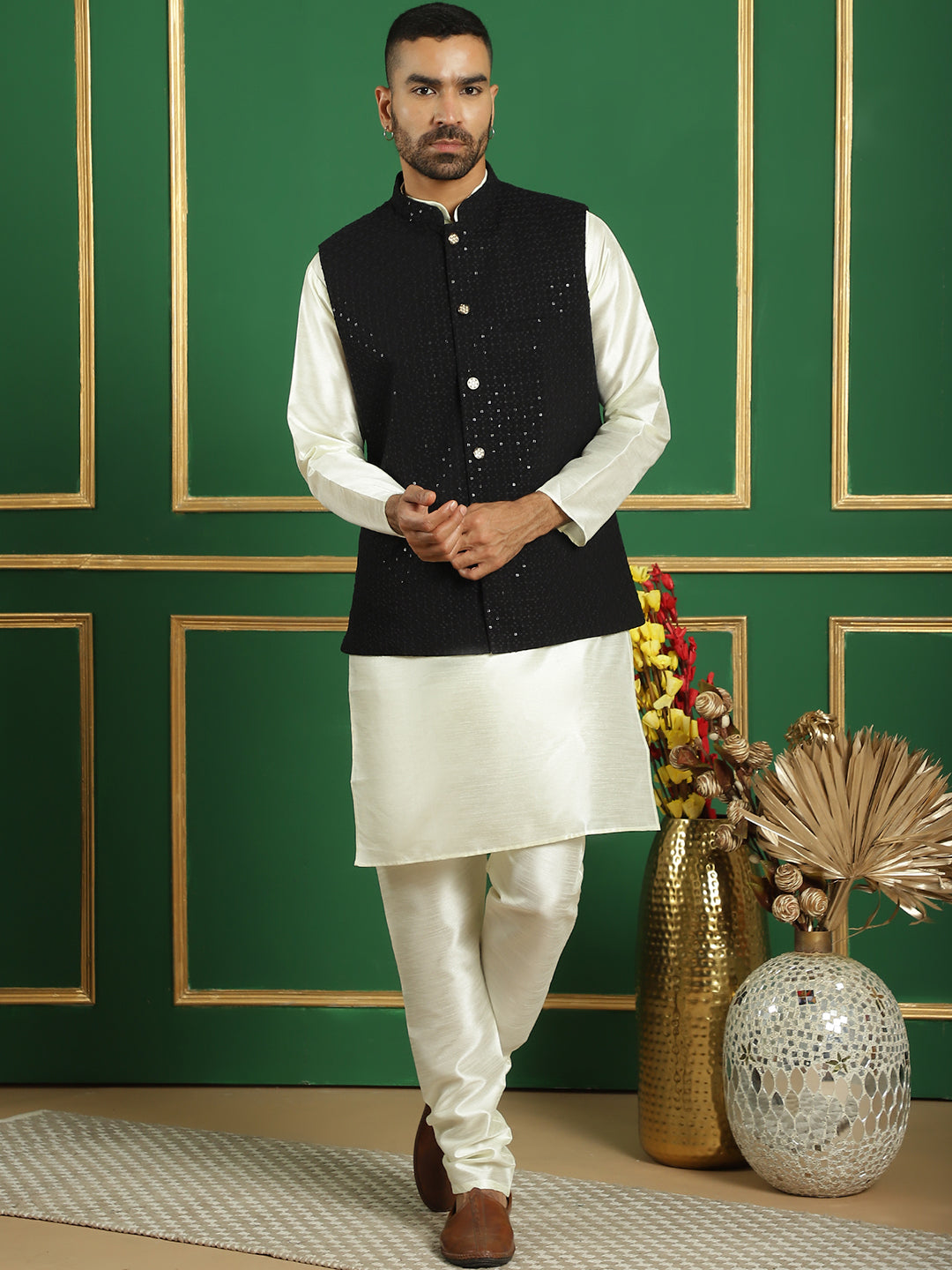 Embroidered and Sequin Nehru Jacket With Solid Kurta Pyjama ( ANMKPWC 636W 7012Black )