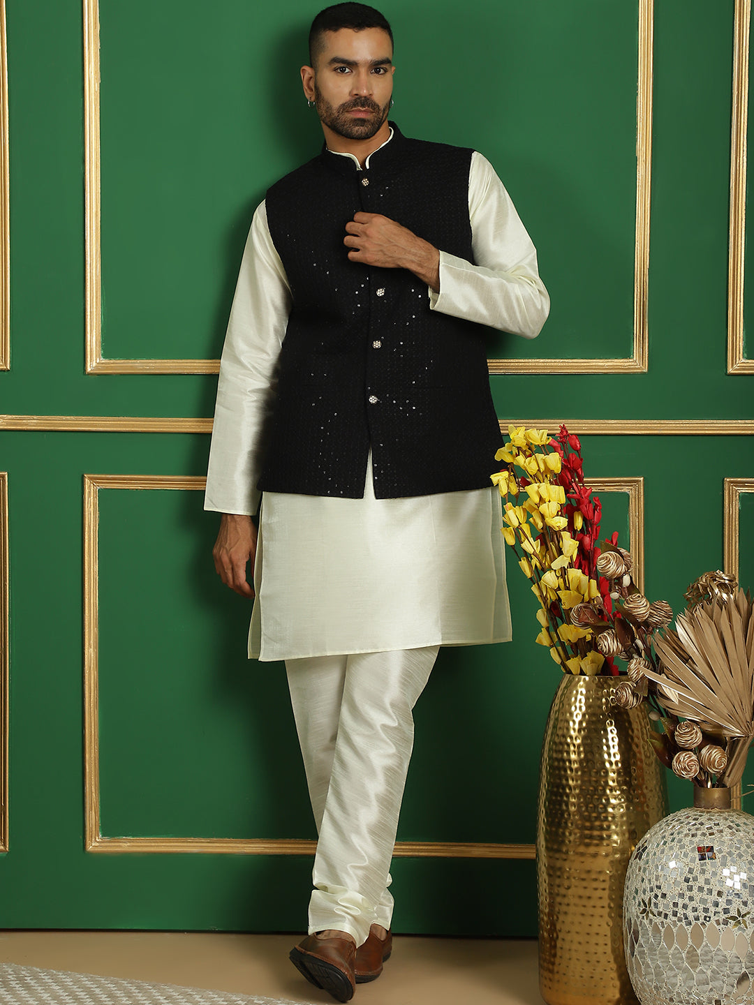 Embroidered and Sequin Nehru Jacket With Solid Kurta Pyjama ( ANMKPWC 636W 7012Black )
