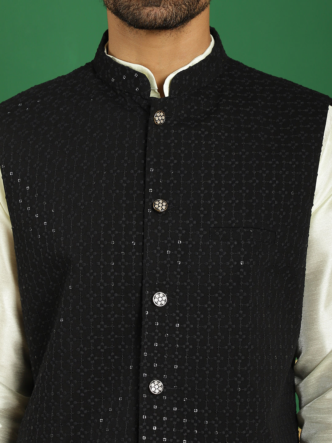 Embroidered and Sequin Nehru Jacket With Solid Kurta Pyjama ( ANMKPWC 636W 7012Black )