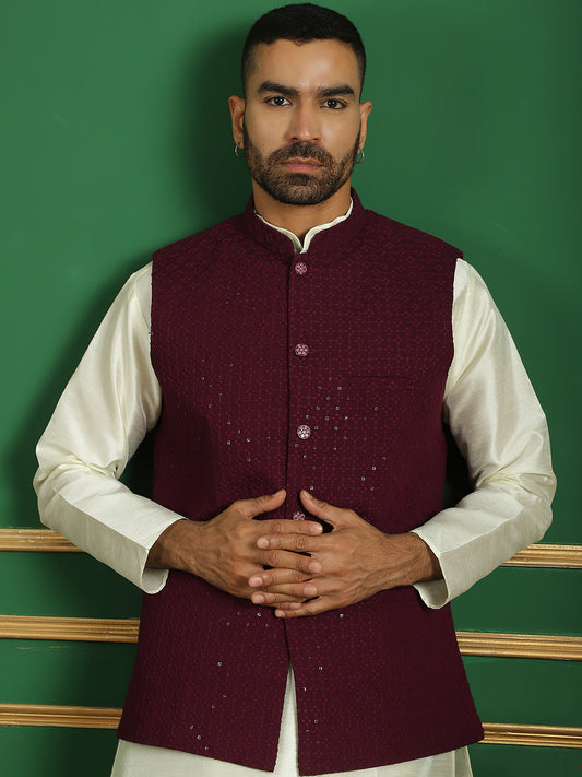 Embroidered and Sequin Nehru Jacket With Solid Kurta Pyjama ( ANMKPWC 636W 7012Purple )