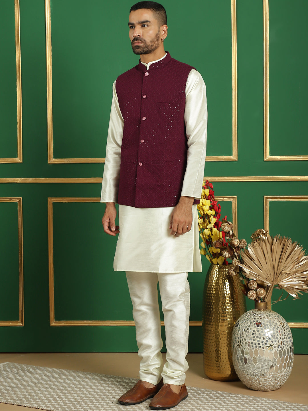 Embroidered and Sequin Nehru Jacket With Solid Kurta Pyjama ( ANMKPWC 636W 7012Purple )