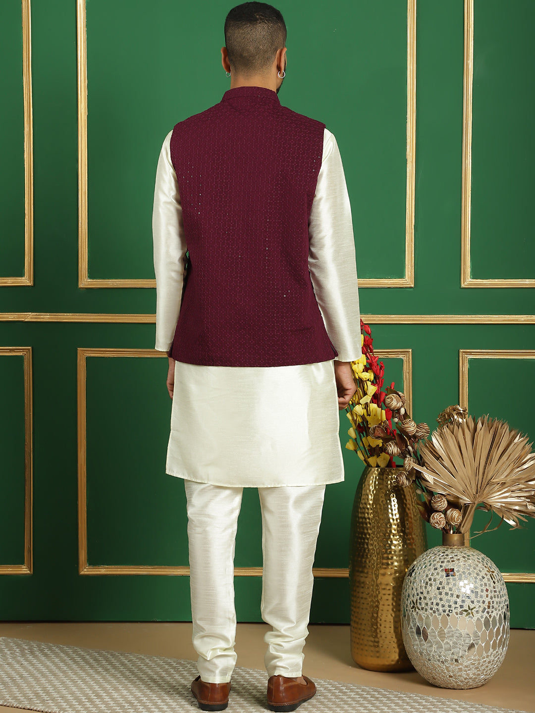 Embroidered and Sequin Nehru Jacket With Solid Kurta Pyjama ( ANMKPWC 636W 7012Purple )