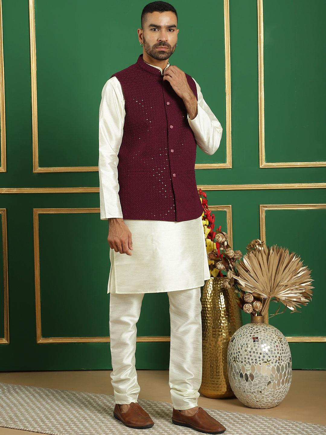 Embroidered and Sequin Nehru Jacket With Solid Kurta Pyjama ( ANMKPWC 636W 7012Purple )