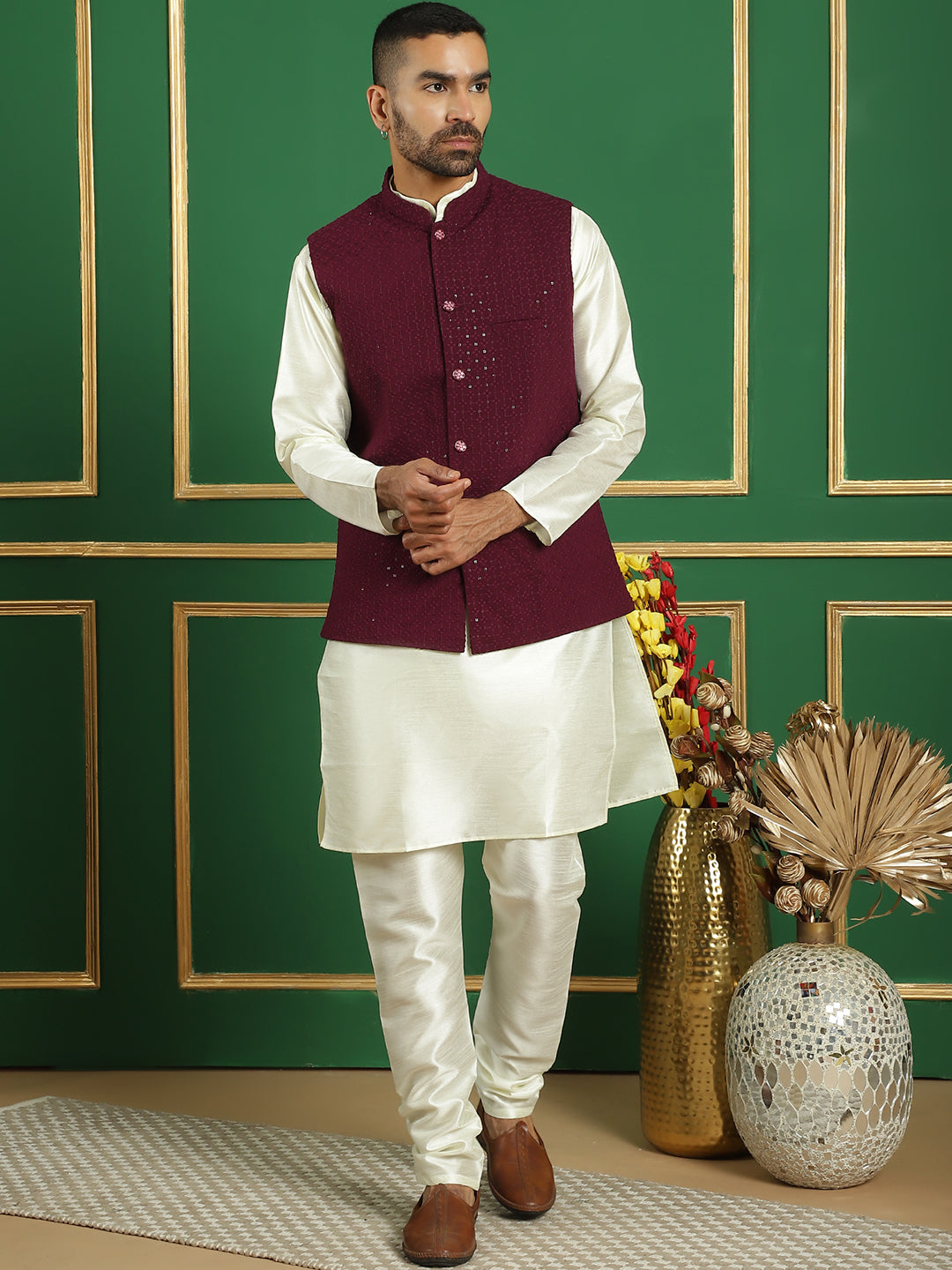 Embroidered and Sequin Nehru Jacket With Solid Kurta Pyjama ( ANMKPWC 636W 7012Purple )