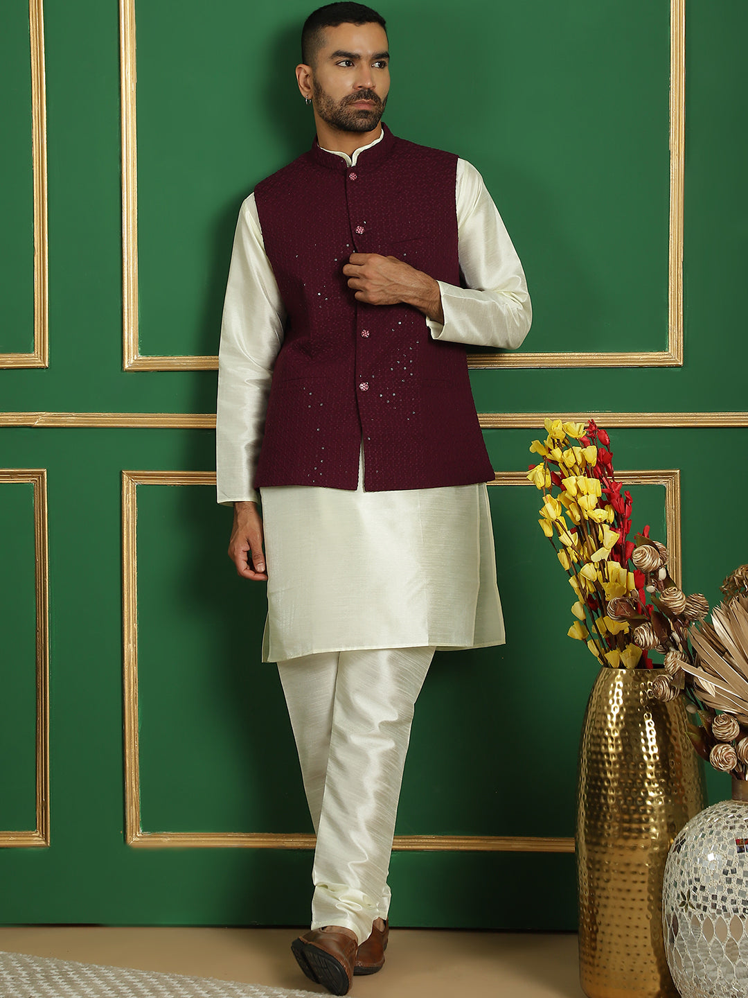 Embroidered and Sequin Nehru Jacket With Solid Kurta Pyjama ( ANMKPWC 636W 7012Purple )