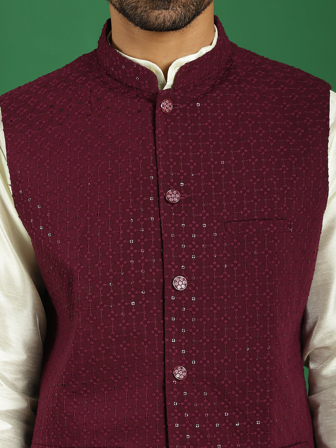 Embroidered and Sequin Nehru Jacket With Solid Kurta Pyjama ( ANMKPWC 636W 7012Purple )