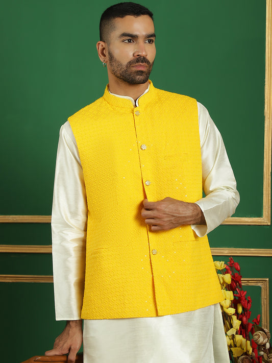 Embroidered and Sequin Nehru Jacket With Solid Kurta Pyjama ( ANMKPWC 636W 7012Yellow )