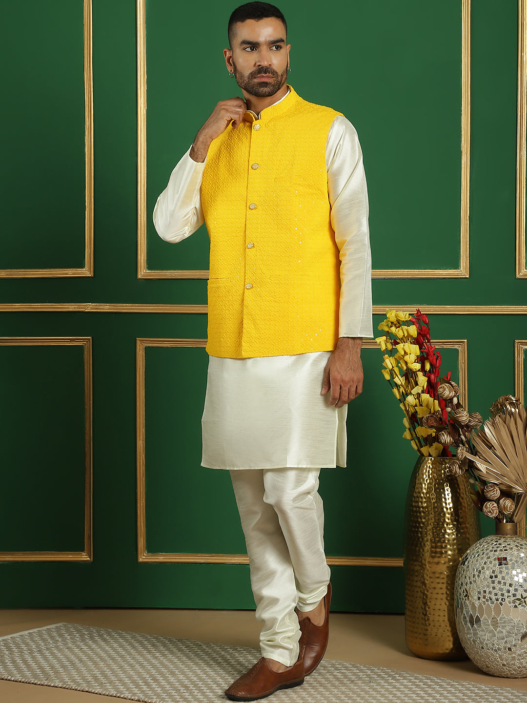 Embroidered and Sequin Nehru Jacket With Solid Kurta Pyjama ( ANMKPWC 636W 7012Yellow )