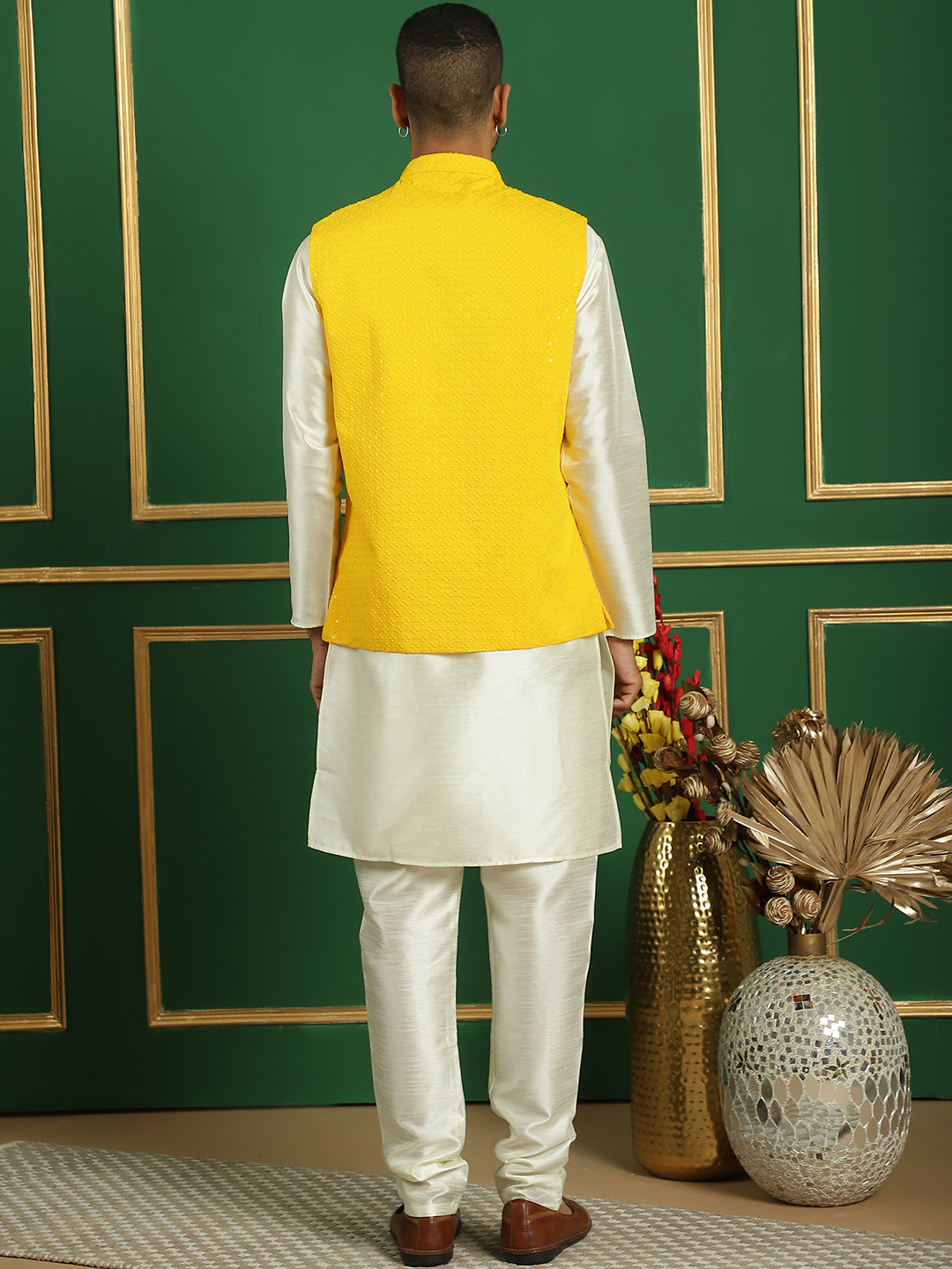 Embroidered and Sequin Nehru Jacket With Solid Kurta Pyjama ( ANMKPWC 636W 7012Yellow )