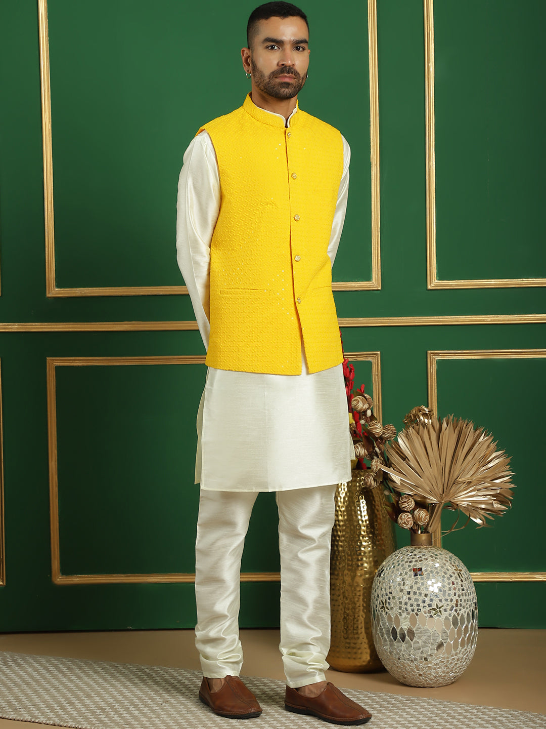 Embroidered and Sequin Nehru Jacket With Solid Kurta Pyjama ( ANMKPWC 636W 7012Yellow )