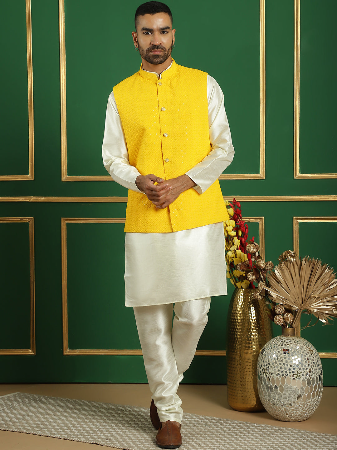 Embroidered and Sequin Nehru Jacket With Solid Kurta Pyjama ( ANMKPWC 636W 7012Yellow )