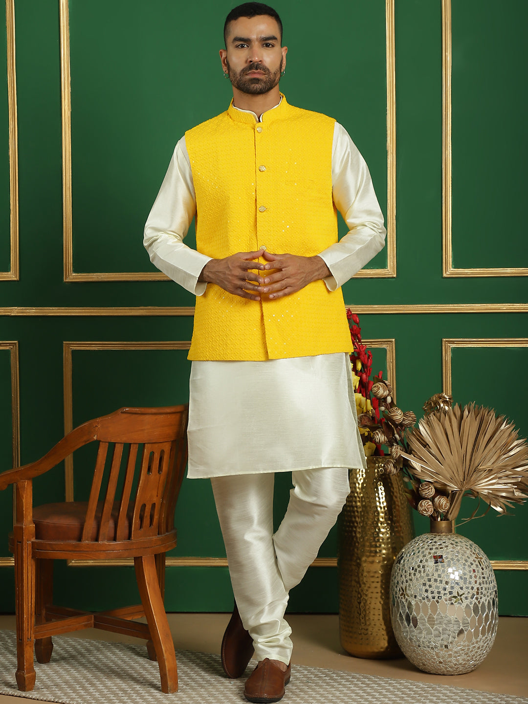 Embroidered and Sequin Nehru Jacket With Solid Kurta Pyjama ( ANMKPWC 636W 7012Yellow )