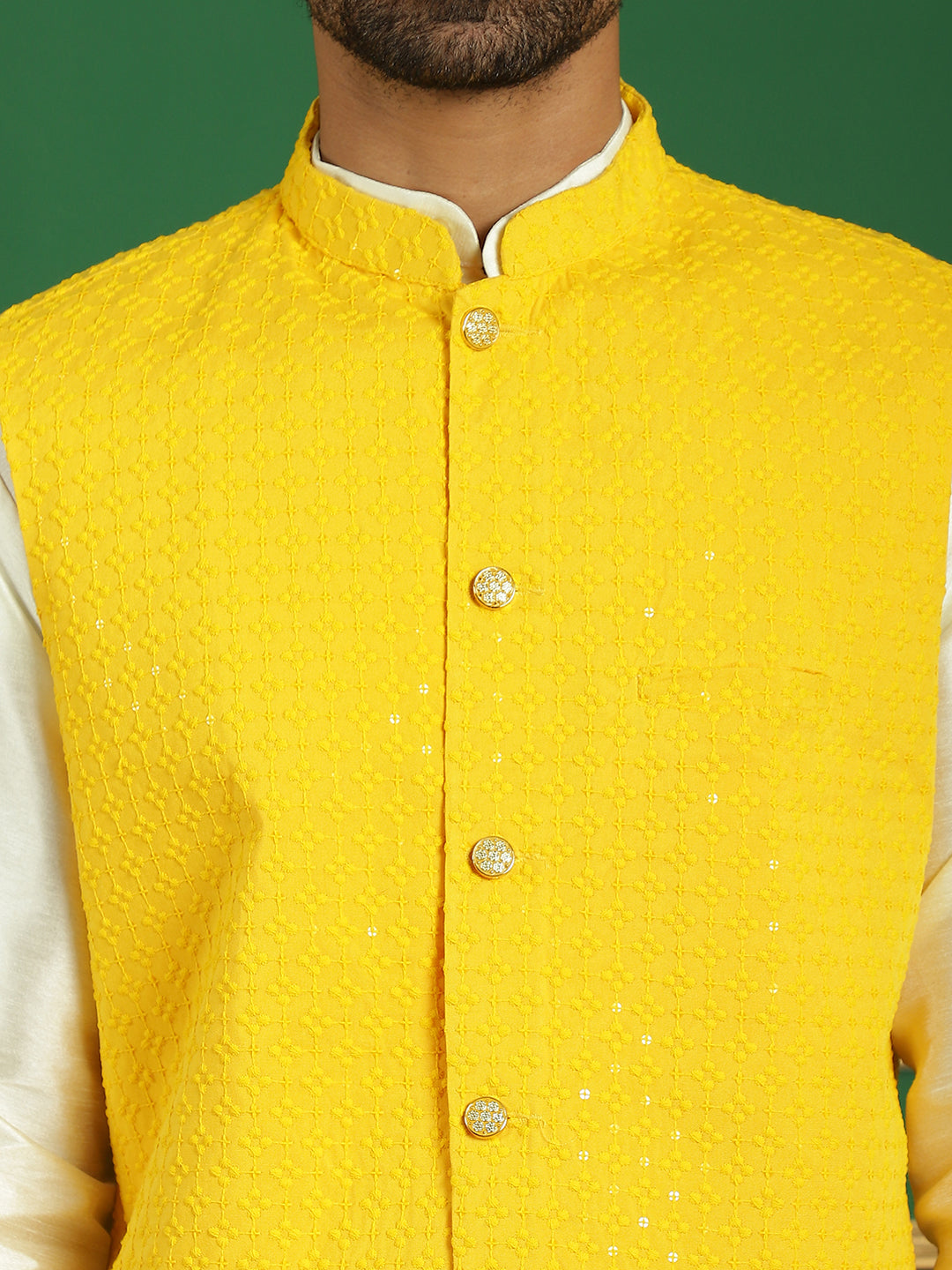 Embroidered and Sequin Nehru Jacket With Solid Kurta Pyjama ( ANMKPWC 636W 7012Yellow )