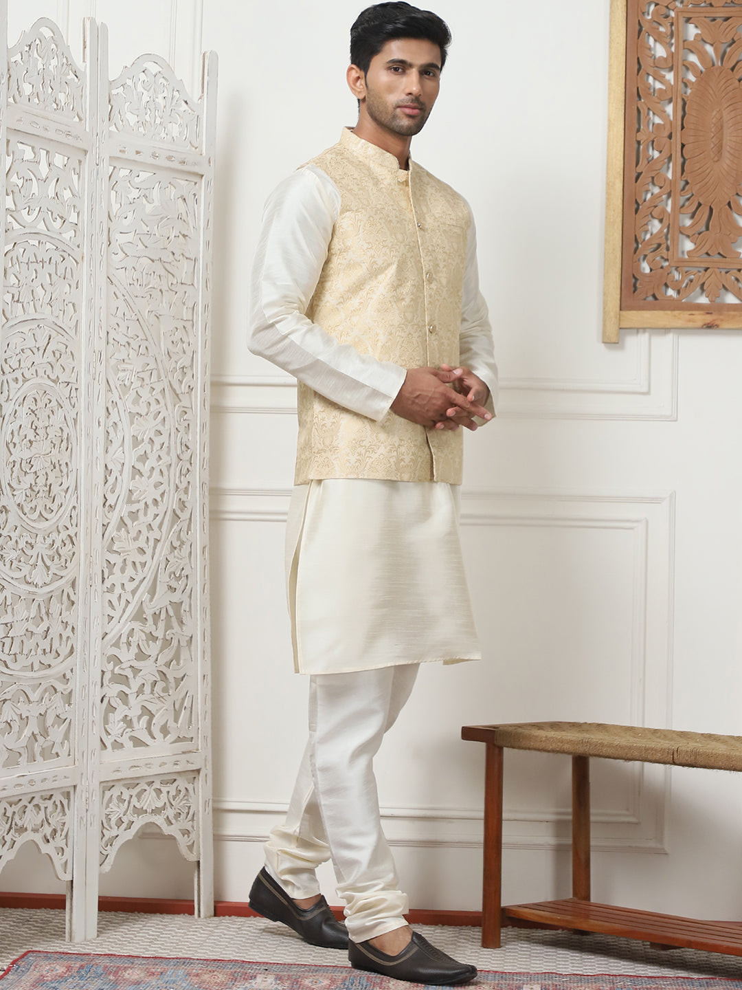 Woven Design Nehru Jacket With Solid Kurta Pyjama ( ANMKPWC 636W 7013Cream )