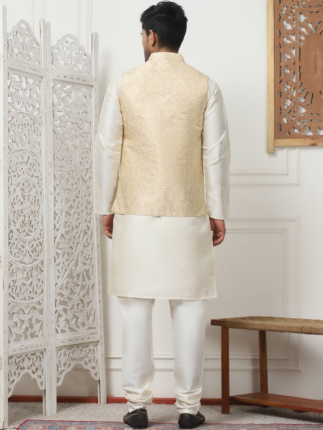 Woven Design Nehru Jacket With Solid Kurta Pyjama ( ANMKPWC 636W 7013Cream )