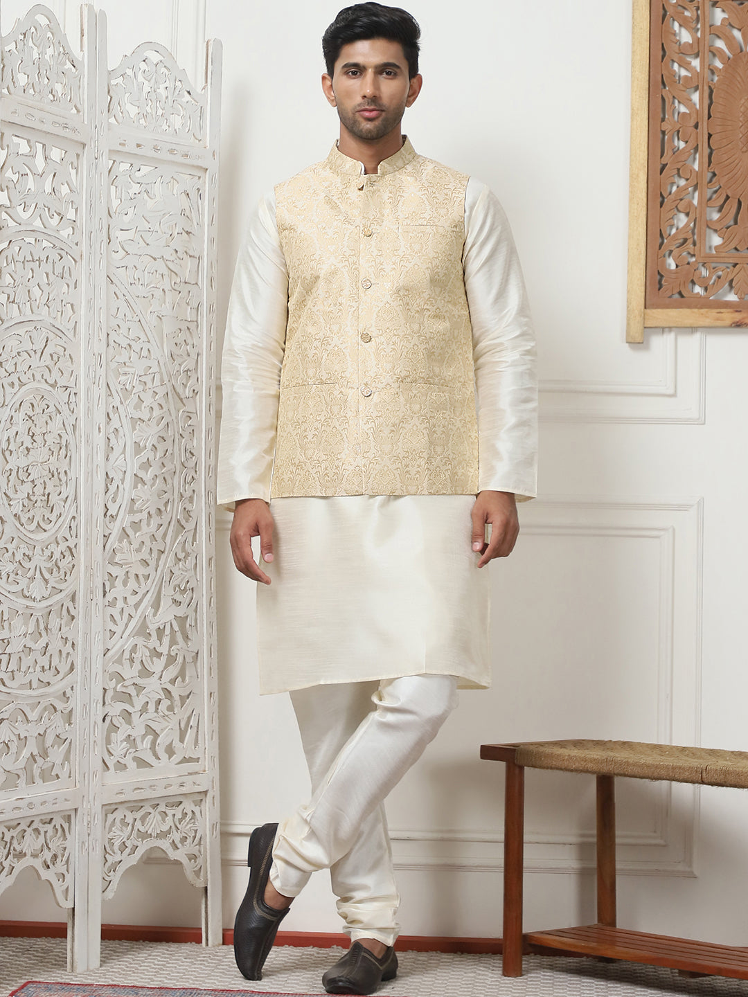 Woven Design Nehru Jacket With Solid Kurta Pyjama ( ANMKPWC 636W 7013Cream )