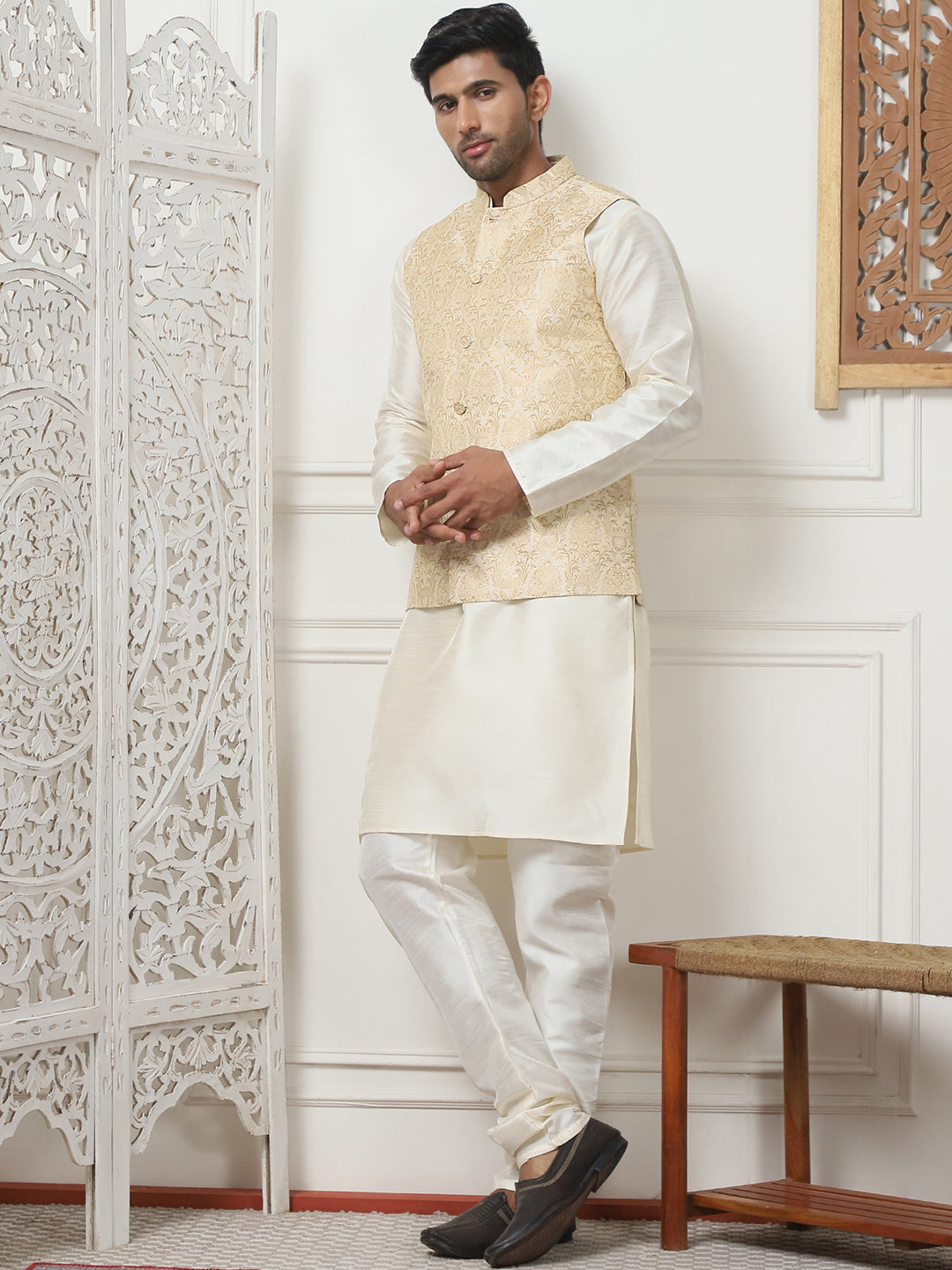 Woven Design Nehru Jacket With Solid Kurta Pyjama ( ANMKPWC 636W 7013Cream )
