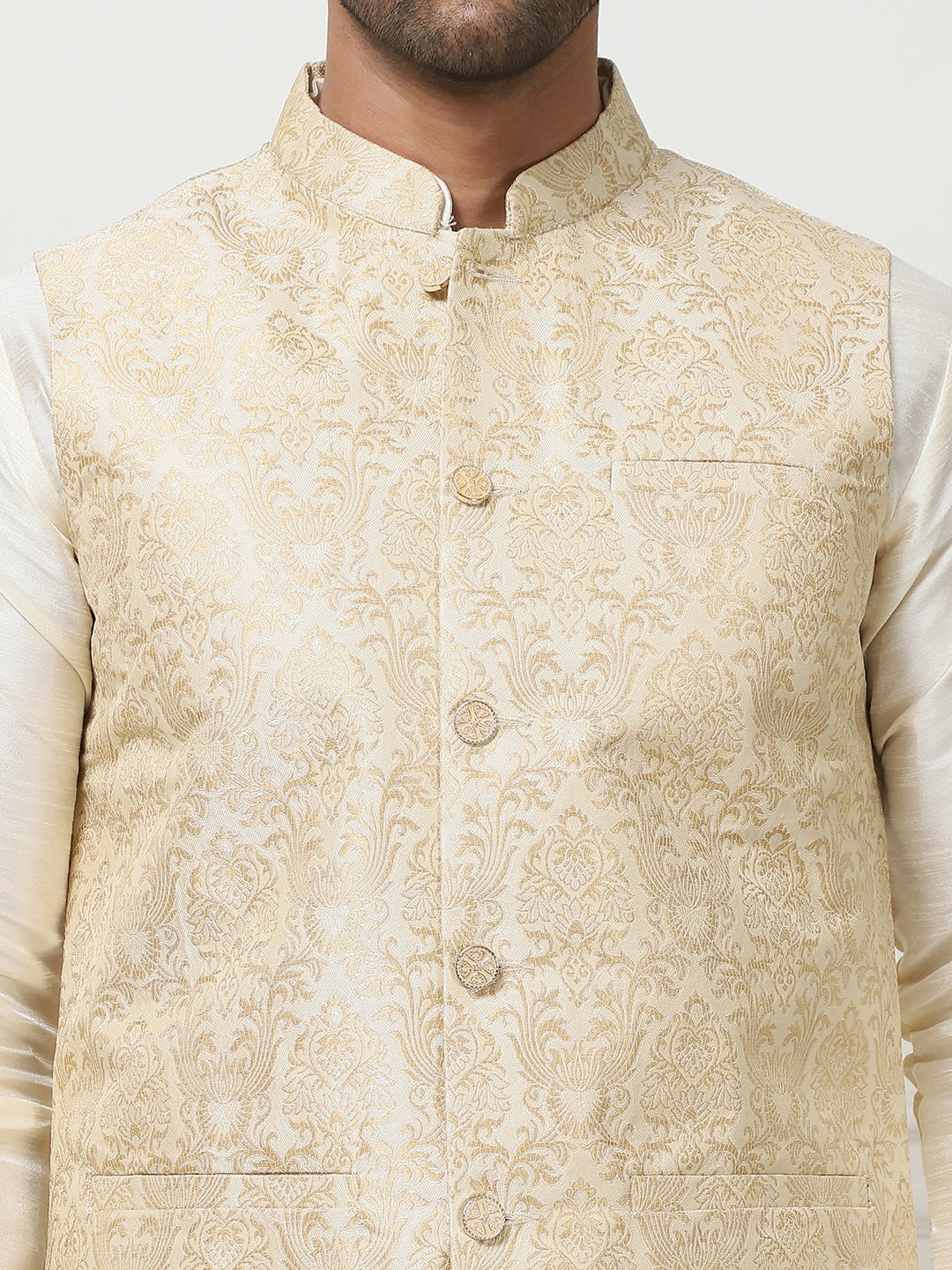Woven Design Nehru Jacket With Solid Kurta Pyjama ( ANMKPWC 636W 7013Cream )