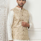 Woven Design Nehru Jacket With Solid Kurta Pyjama ( ANMKPWC 636W 7013Golden )
