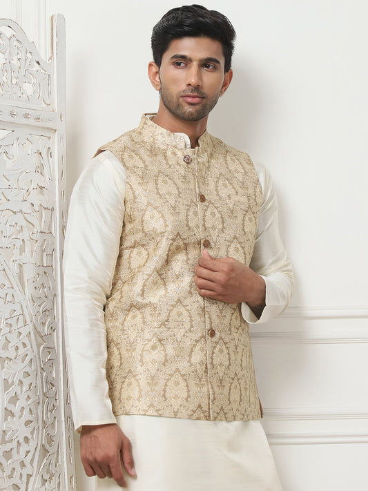 Woven Design Nehru Jacket With Solid Kurta Pyjama ( ANMKPWC 636W 7013Golden )