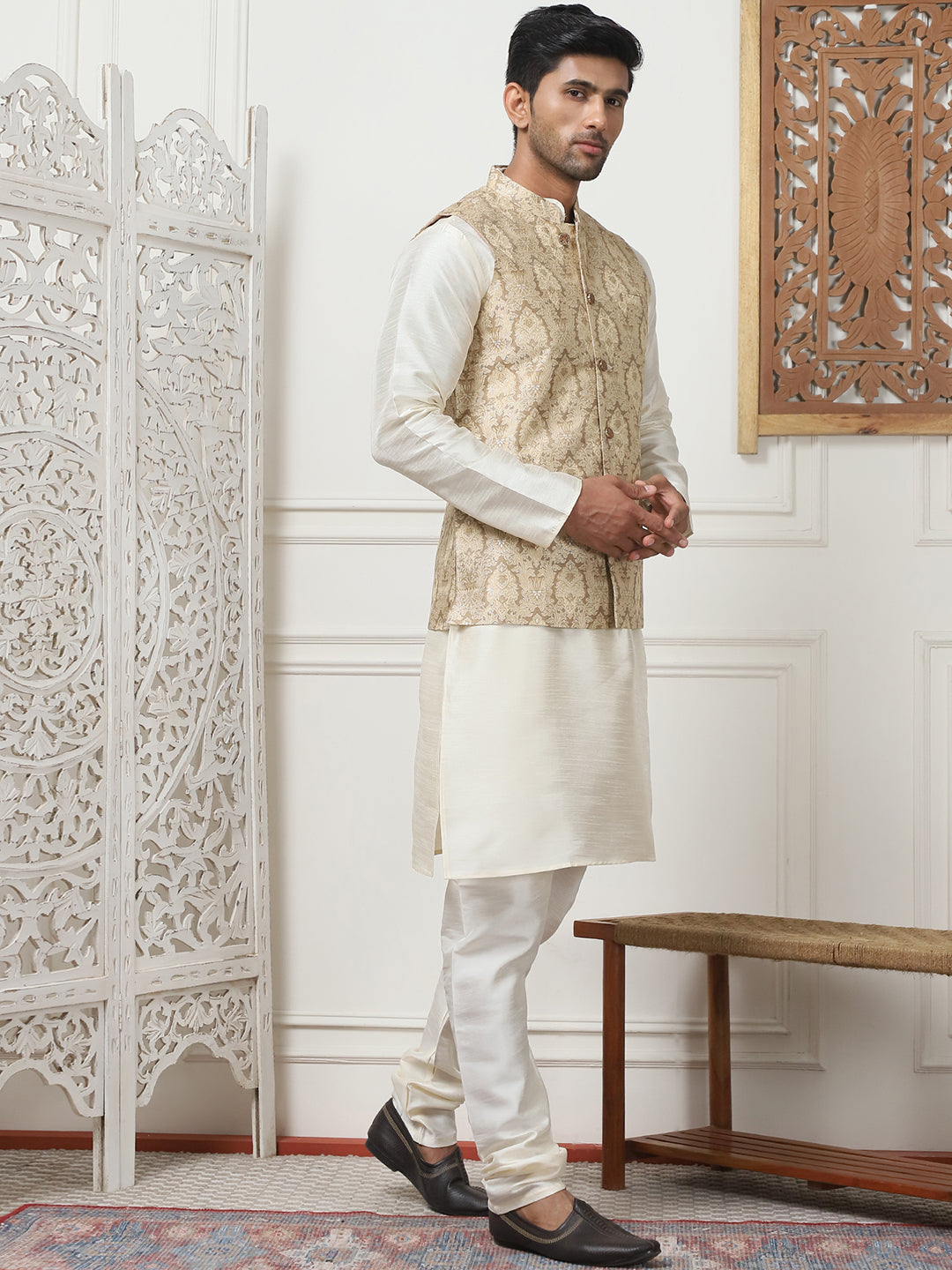 Woven Design Nehru Jacket With Solid Kurta Pyjama ( ANMKPWC 636W 7013Golden )