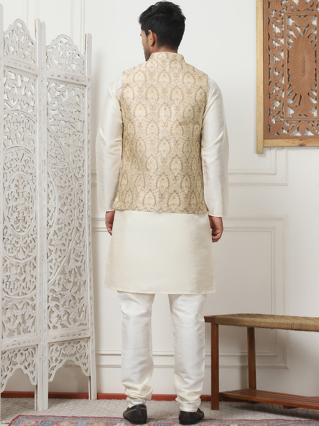 Woven Design Nehru Jacket With Solid Kurta Pyjama ( ANMKPWC 636W 7013Golden )