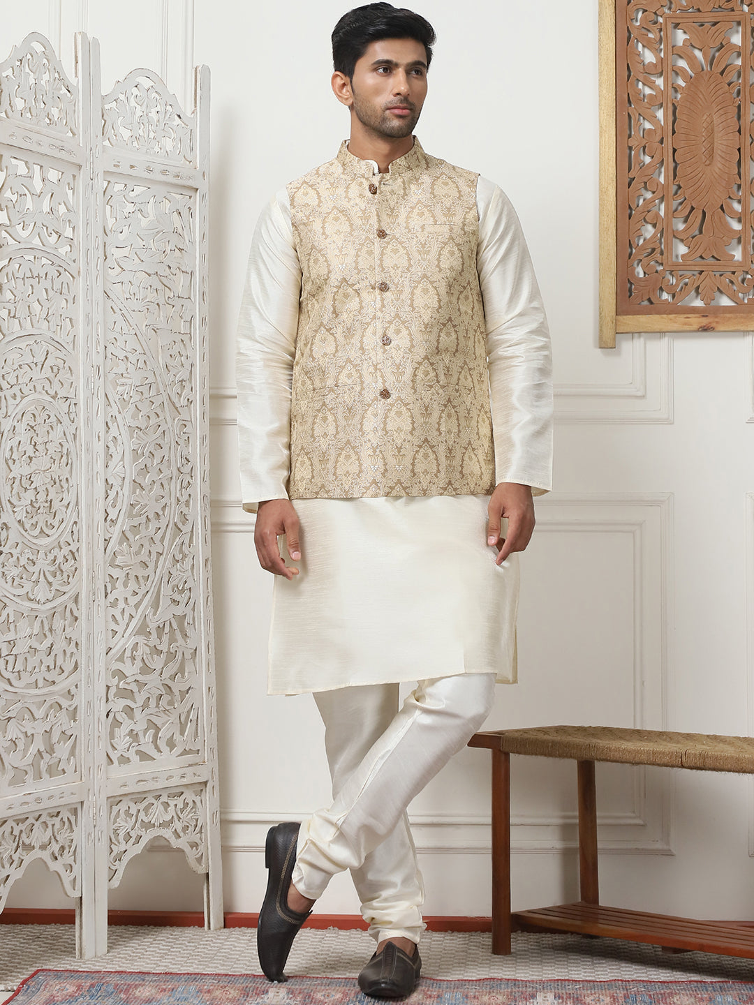 Woven Design Nehru Jacket With Solid Kurta Pyjama ( ANMKPWC 636W 7013Golden )