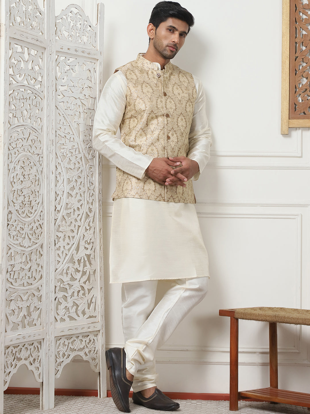 Woven Design Nehru Jacket With Solid Kurta Pyjama ( ANMKPWC 636W 7013Golden )
