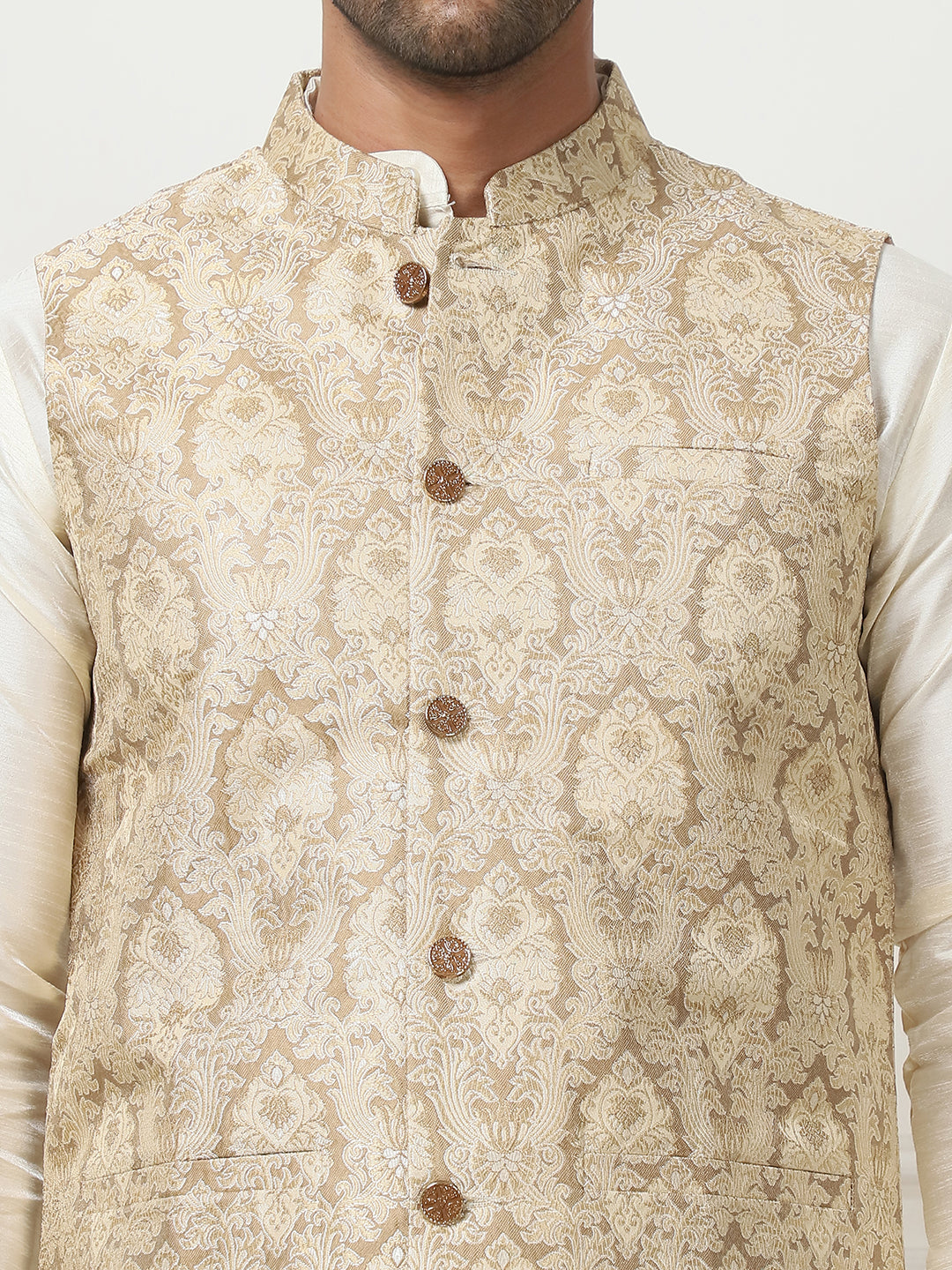 Woven Design Nehru Jacket With Solid Kurta Pyjama ( ANMKPWC 636W 7013Golden )