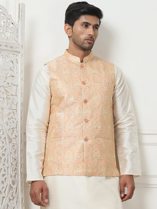 Woven Design Nehru Jacket With Solid Kurta Pyjama ( ANMKPWC 636W 7013Peach )