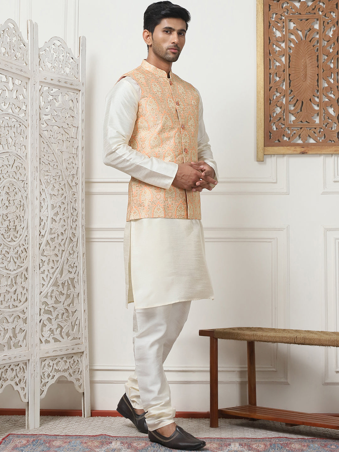 Woven Design Nehru Jacket With Solid Kurta Pyjama ( ANMKPWC 636W 7013Peach )