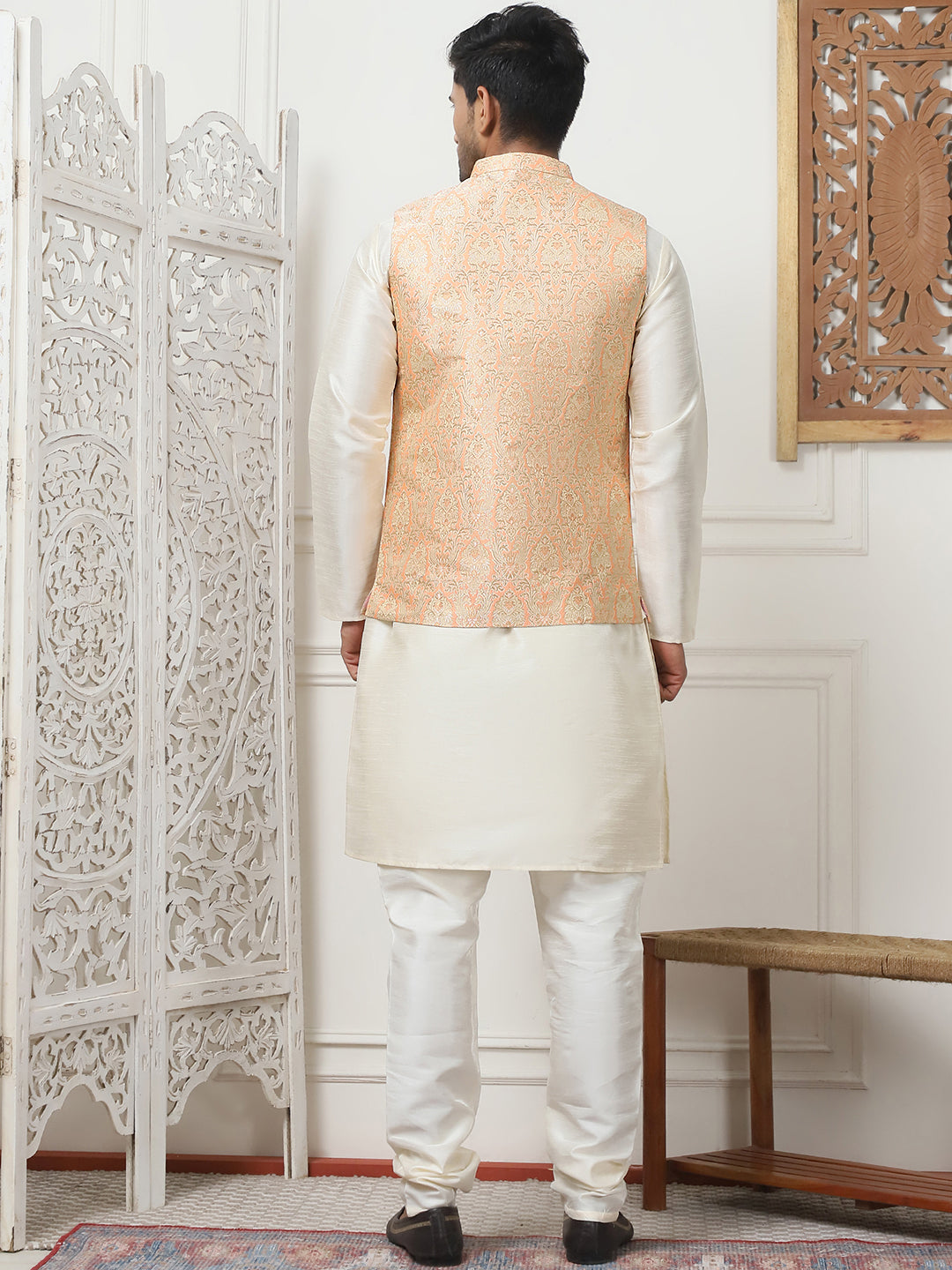 Woven Design Nehru Jacket With Solid Kurta Pyjama ( ANMKPWC 636W 7013Peach )