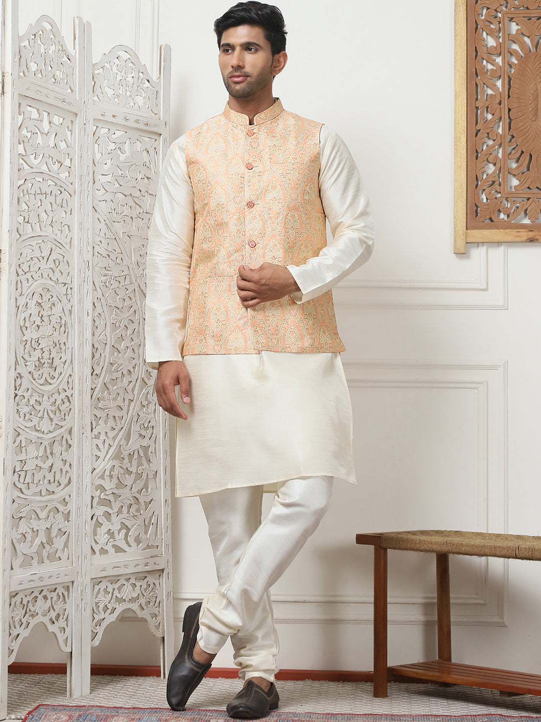 Woven Design Nehru Jacket With Solid Kurta Pyjama ( ANMKPWC 636W 7013Peach )