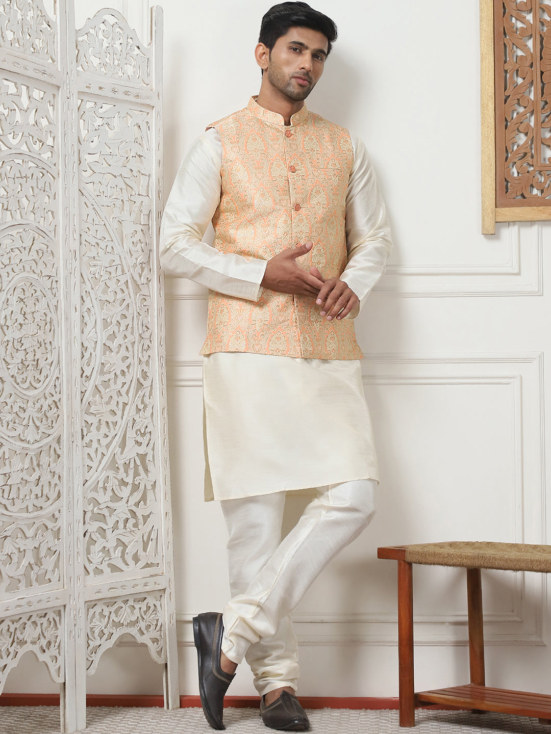 Woven Design Nehru Jacket With Solid Kurta Pyjama ( ANMKPWC 636W 7013Peach )