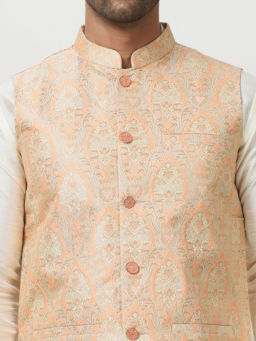 Woven Design Nehru Jacket With Solid Kurta Pyjama ( ANMKPWC 636W 7013Peach )