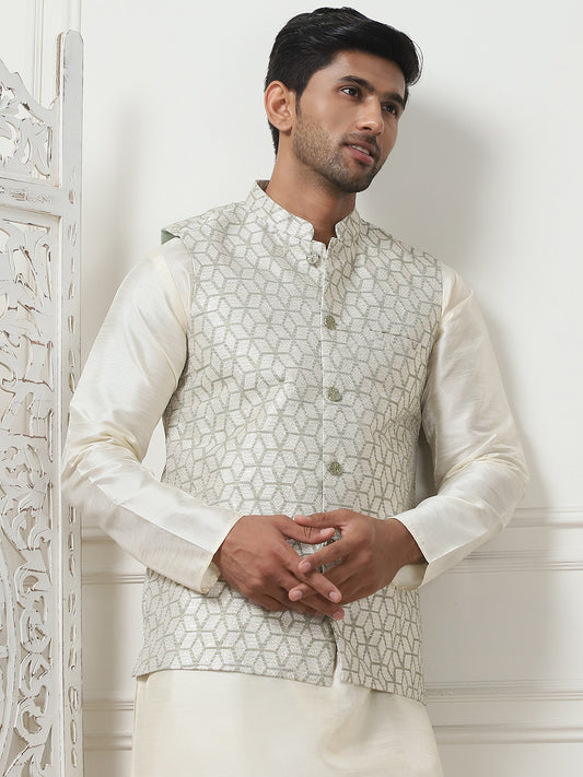 Woven Design Nehru Jacket With Solid Kurta Pyjama ( ANMKPWC 636W 7014Pista )
