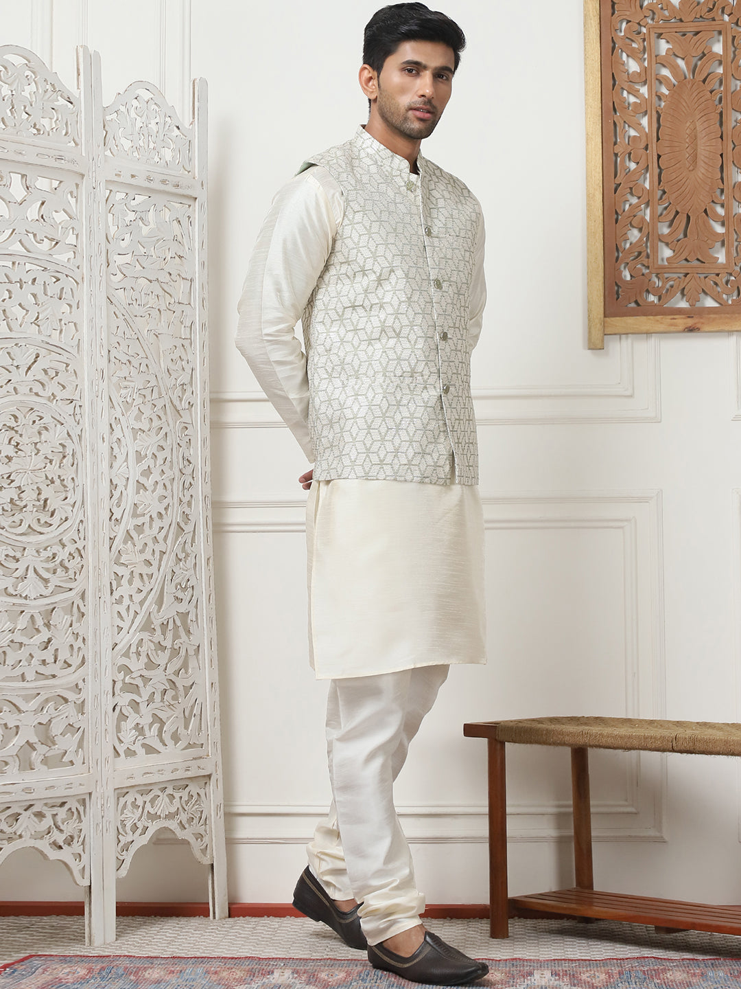 Woven Design Nehru Jacket With Solid Kurta Pyjama ( ANMKPWC 636W 7014Pista )