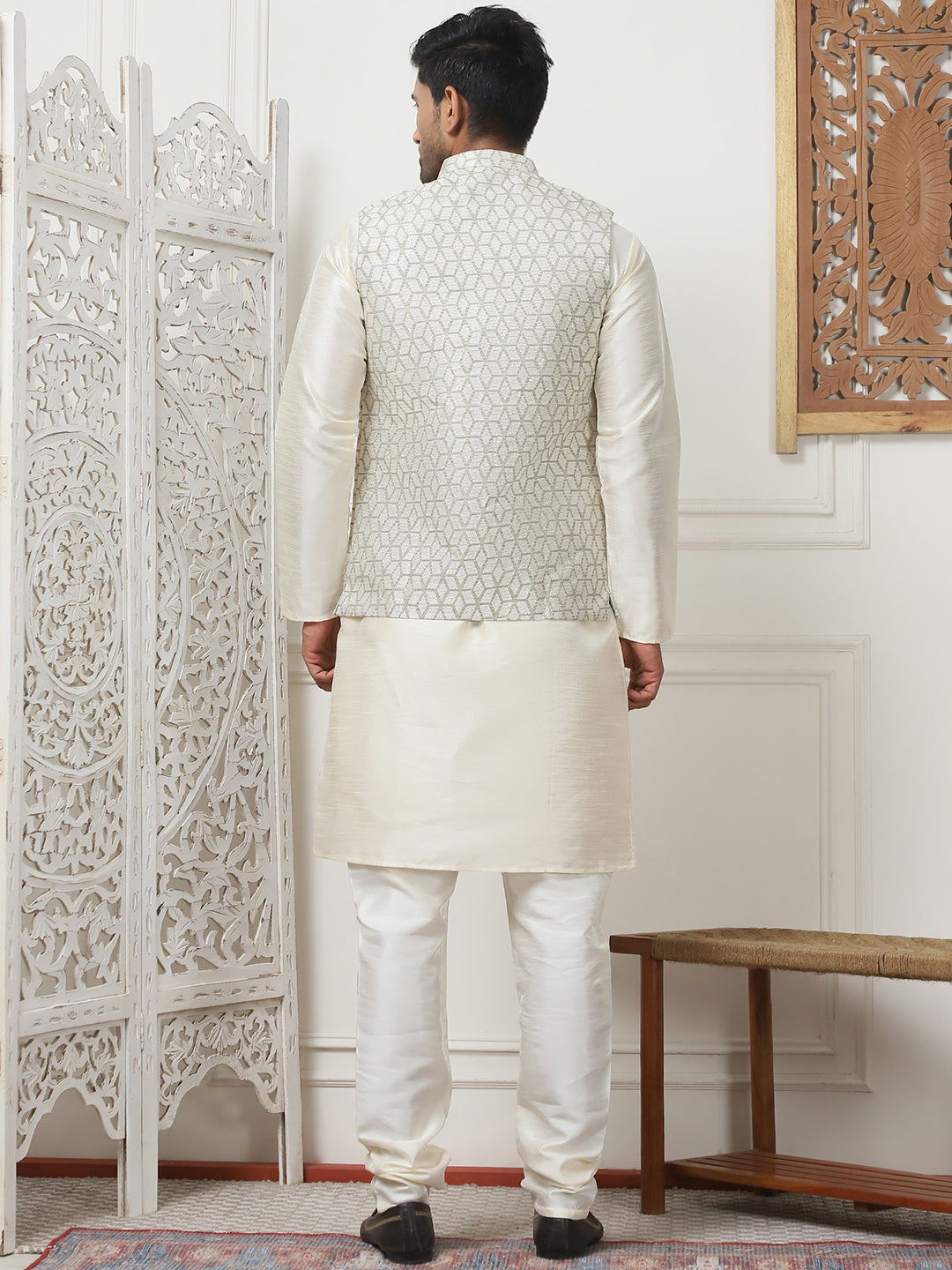Woven Design Nehru Jacket With Solid Kurta Pyjama ( ANMKPWC 636W 7014Pista )