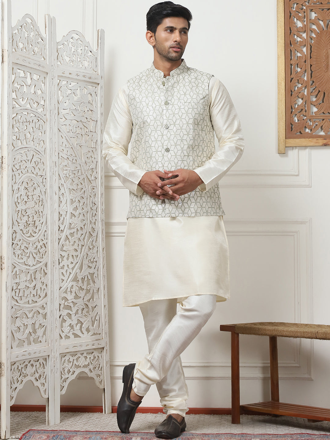 Woven Design Nehru Jacket With Solid Kurta Pyjama ( ANMKPWC 636W 7014Pista )