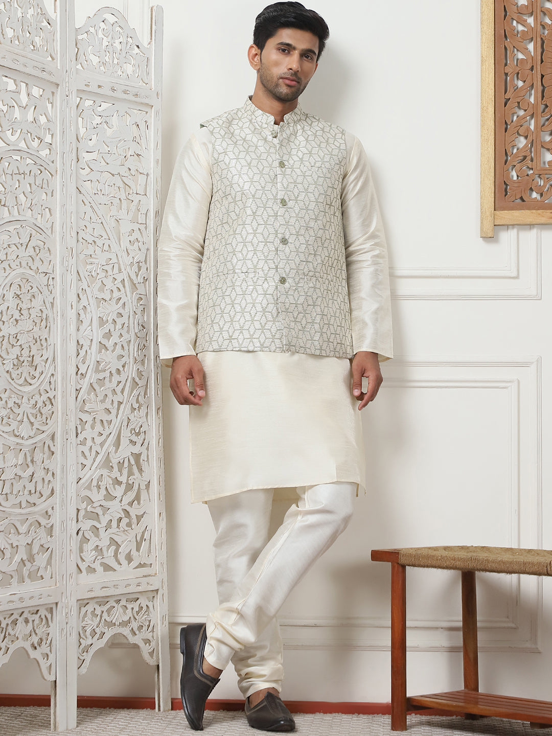 Woven Design Nehru Jacket With Solid Kurta Pyjama ( ANMKPWC 636W 7014Pista )