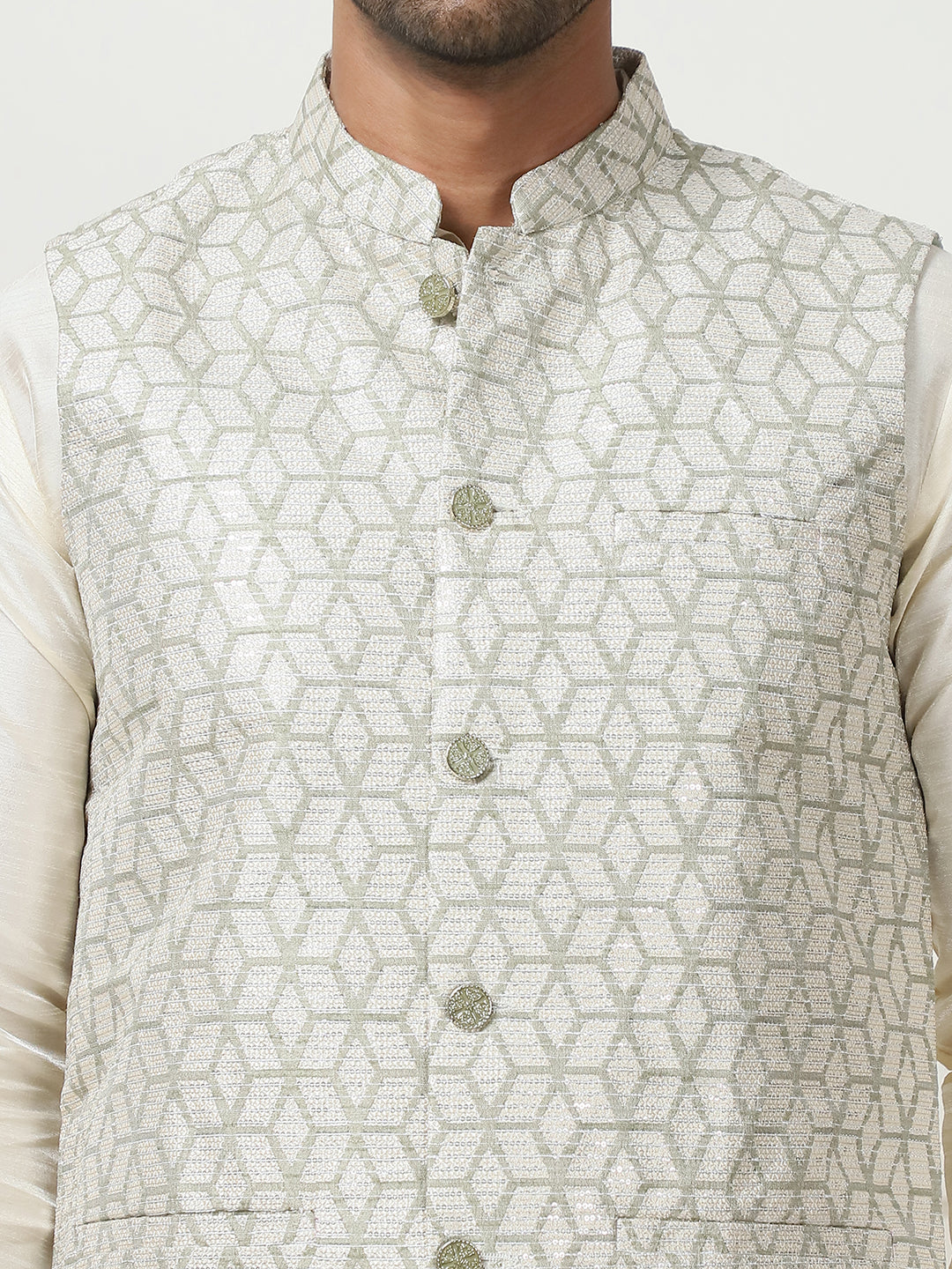 Woven Design Nehru Jacket With Solid Kurta Pyjama ( ANMKPWC 636W 7014Pista )