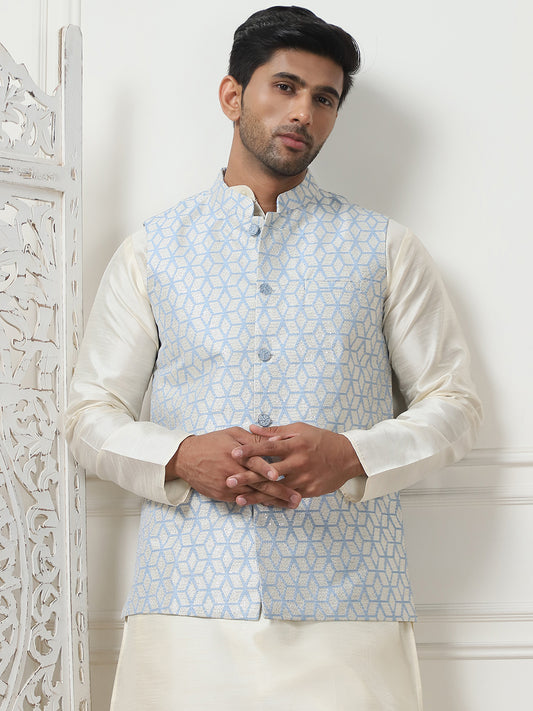 Woven Design Nehru Jacket With Solid Kurta Pyjama ( ANMKPWC 636W 7014Sky )