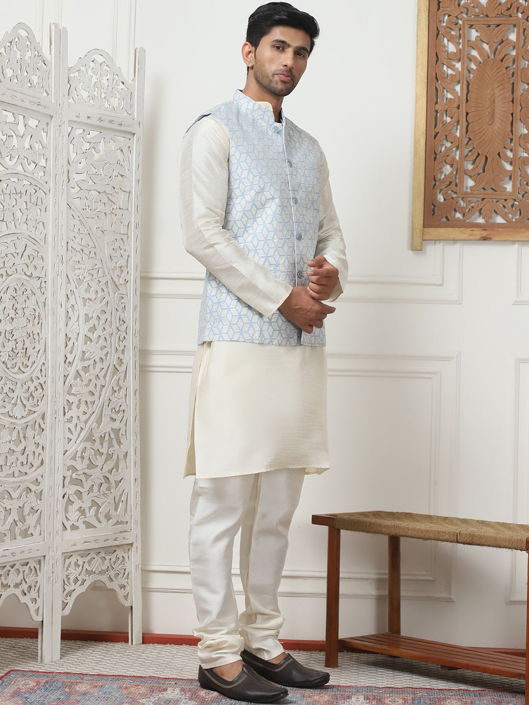 Woven Design Nehru Jacket With Solid Kurta Pyjama ( ANMKPWC 636W 7014Sky )