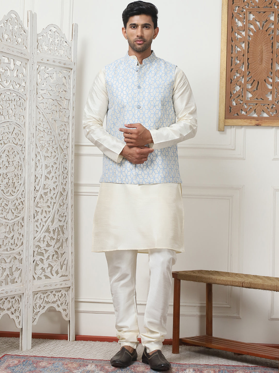 Woven Design Nehru Jacket With Solid Kurta Pyjama ( ANMKPWC 636W 7014Sky )