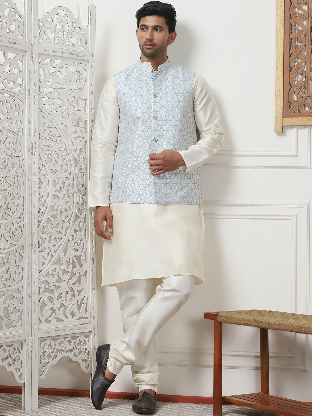 Woven Design Nehru Jacket With Solid Kurta Pyjama ( ANMKPWC 636W 7014Sky )