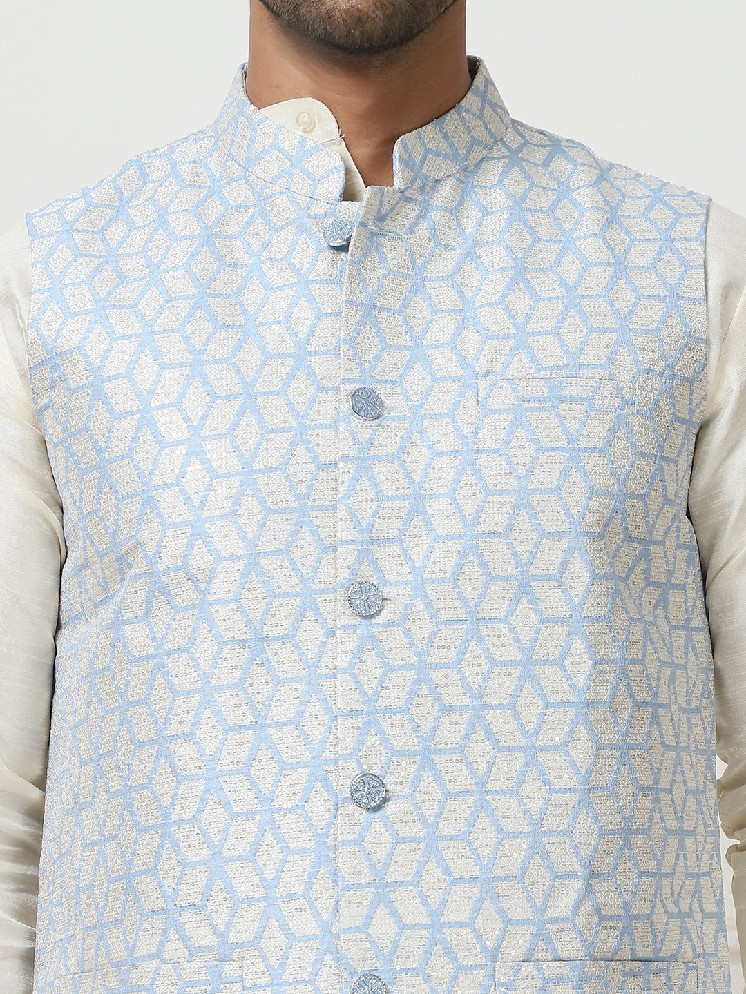 Woven Design Nehru Jacket With Solid Kurta Pyjama ( ANMKPWC 636W 7014Sky )