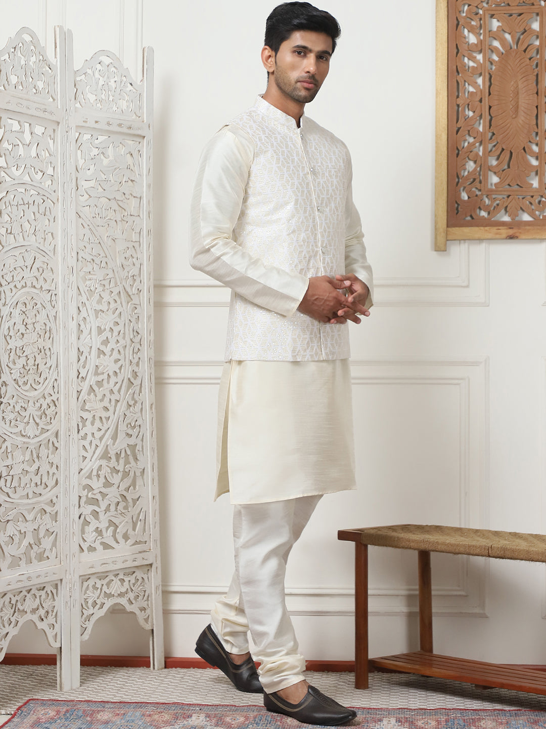 Woven Design Nehru Jacket With Solid Kurta Pyjama ( ANMKPWC 636W 7014White )